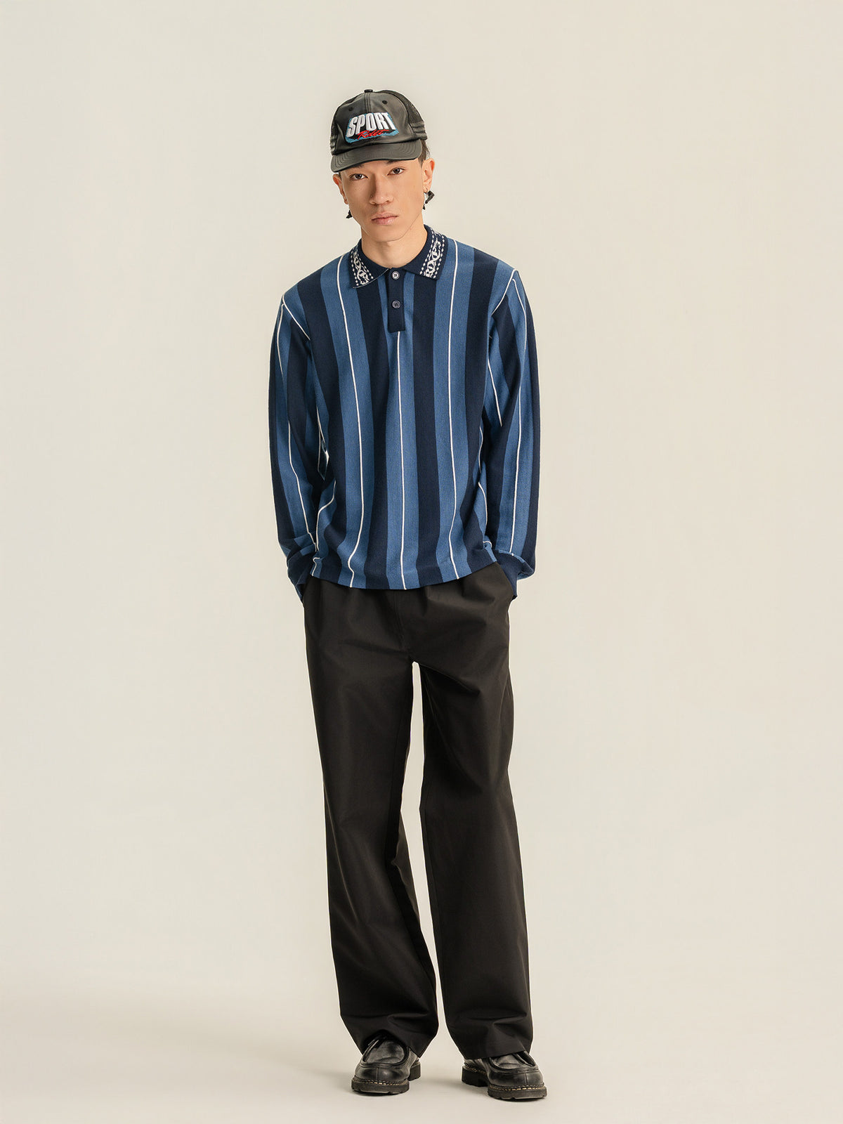 Randomevent striped knit referee POLO loose wool and cashmere blend three-dimensional stripes