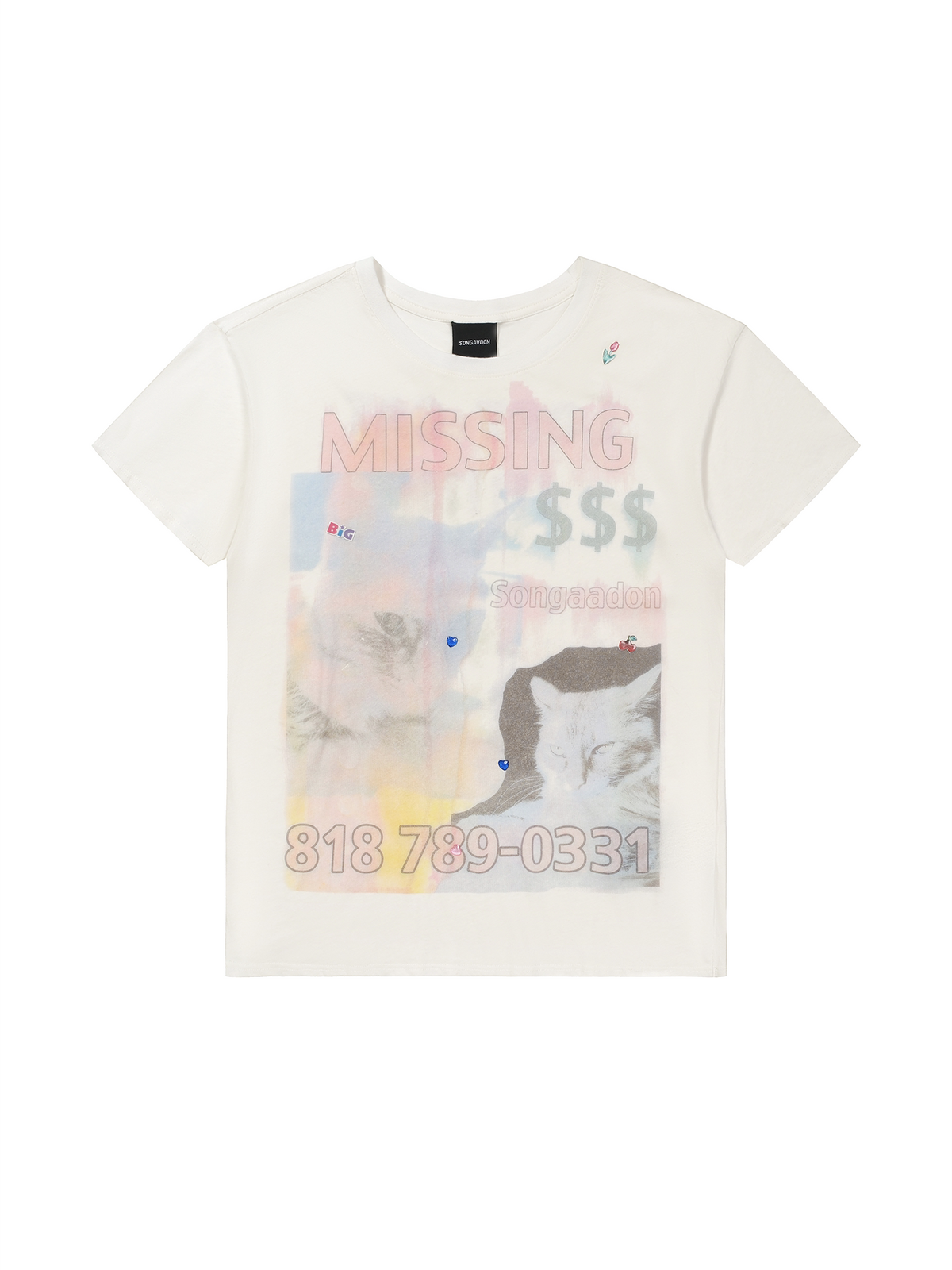 SONGAADON 26FW MISSING CAT three-dimensional hot painting hot diamond linen light T-shirt