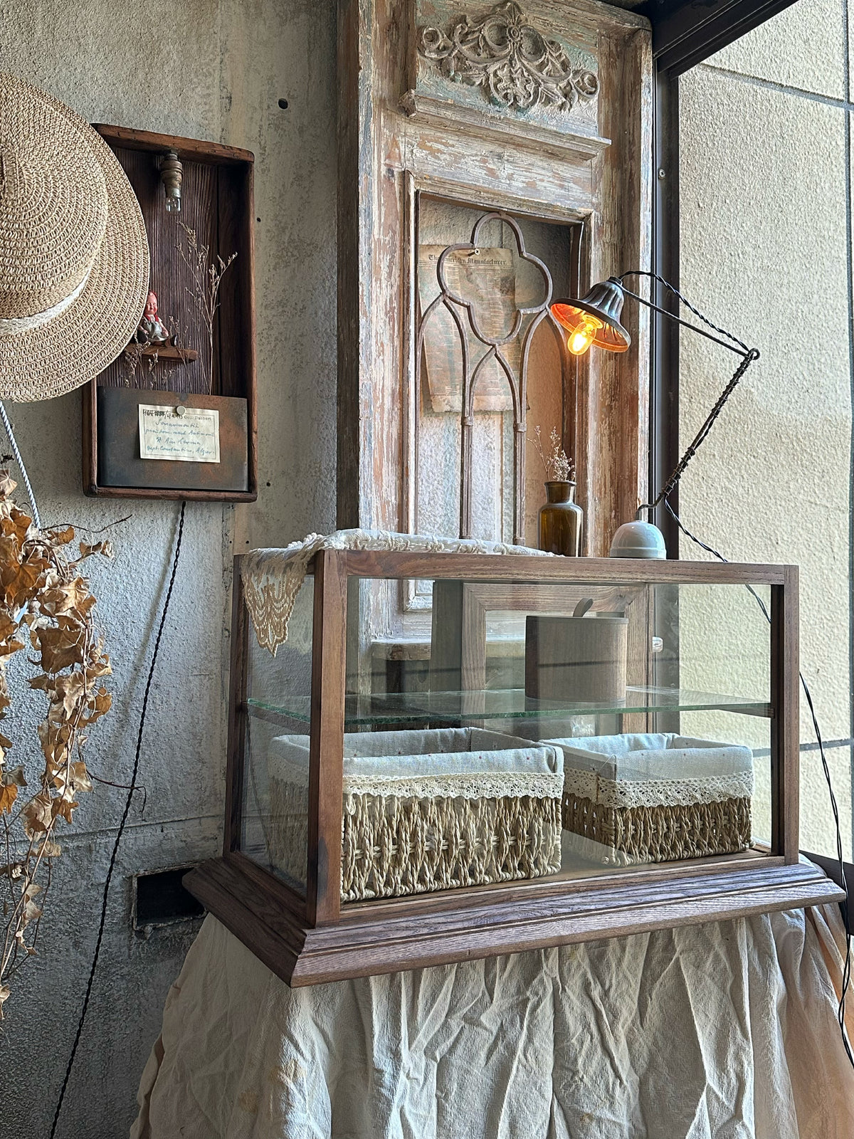Vintage solid wood glass display cabinet