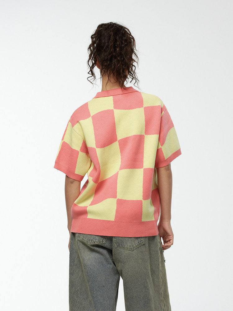 MeltingSadness spring/summer irregular plaid knit short-sleeve Polo