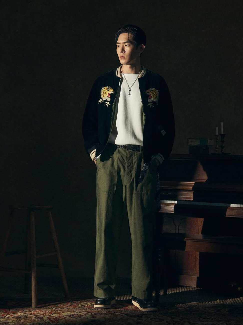 Tiger Falcon Double NonStock Green and Black Reversible Vintage Yokosuka Velvet Acetate Oriental Embroidered Jacket