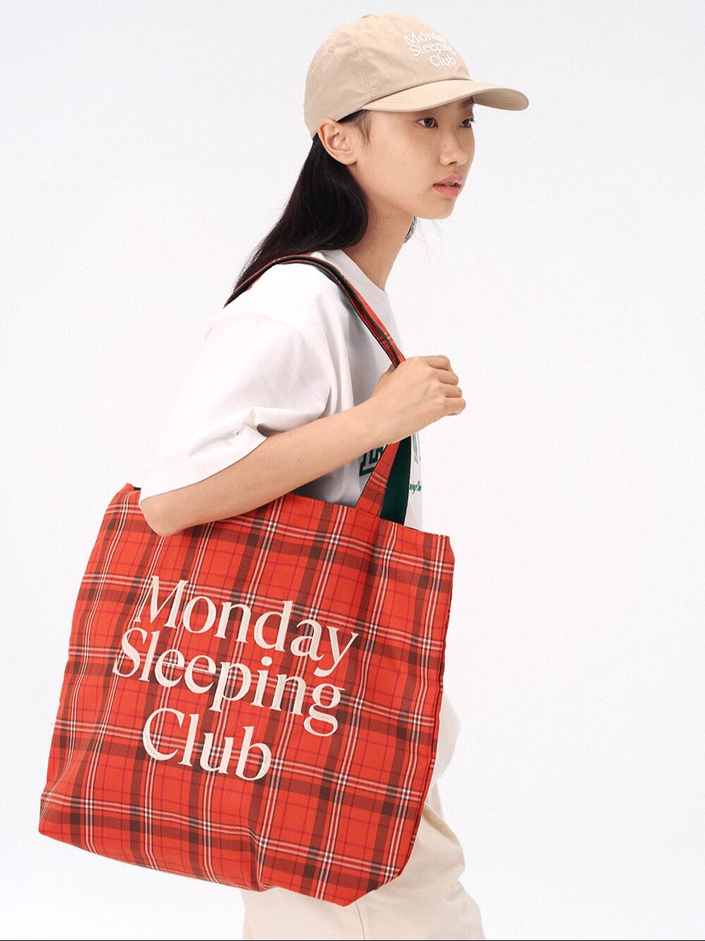 MondaySleepingClub standard font embroidered check contrast tote bag