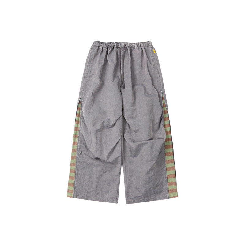 Randomevent [Spring New] washed, nylon, wide-leg, pleated trousers, striped panels, high street wear