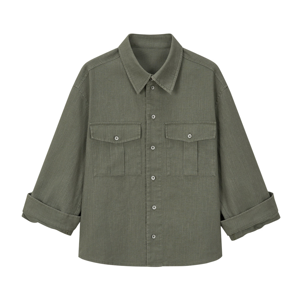 VLABMADE vintage hunting bag slub linen shirt, men's and women's autumn distressed three-quarter sleeve rolled sleeve jacket top