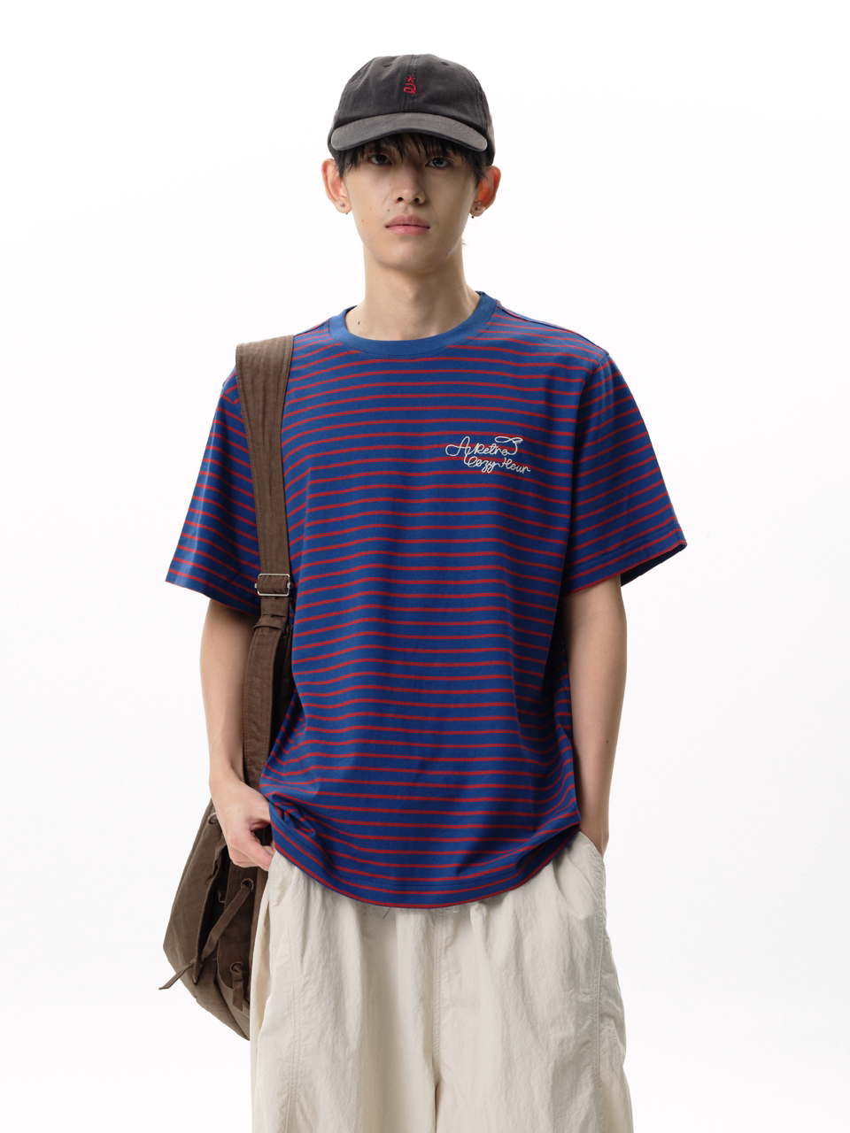 RoaringWild A Arch Roaring Beast Color-Blocked Striped Crew Neck Short Sleeve Loose Embroidered Commuter T-shirt for Men