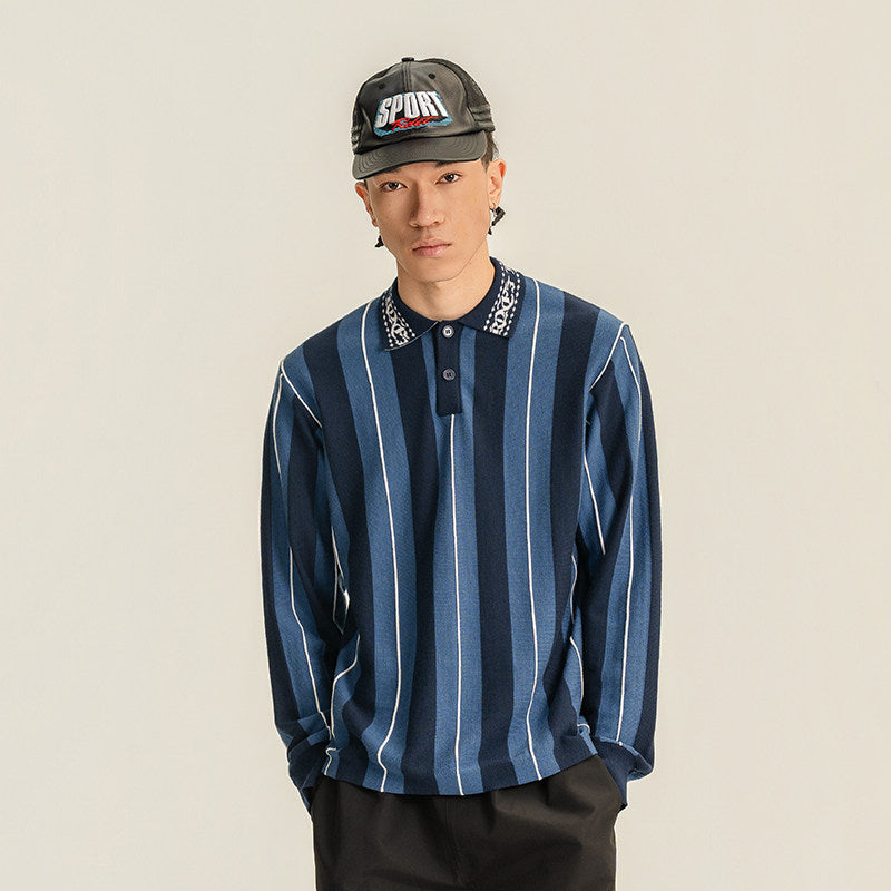 Randomevent striped knit referee POLO loose wool and cashmere blend three-dimensional stripes