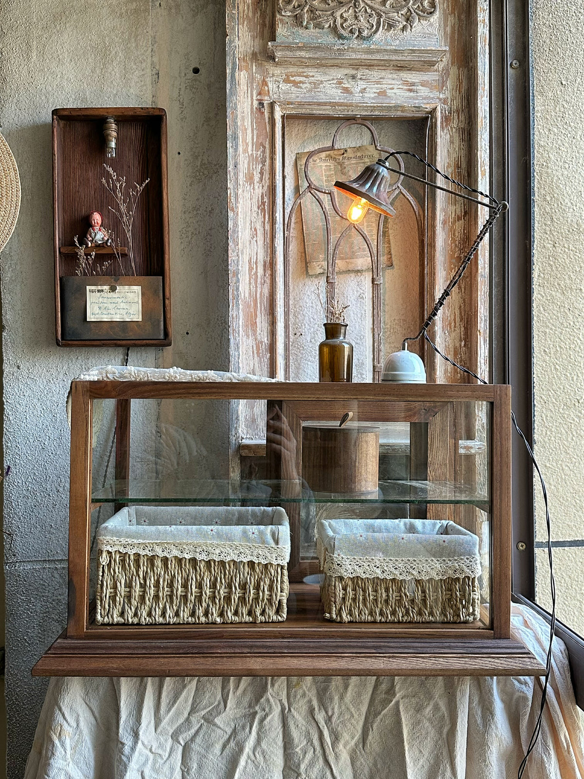 Vintage solid wood glass display cabinet