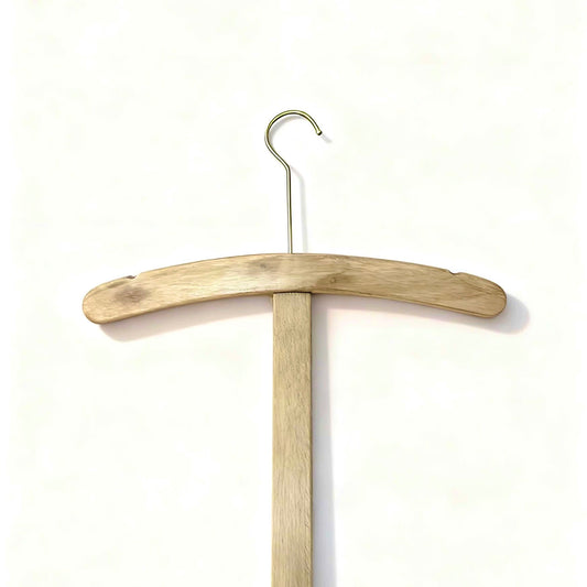 Used solid wood high-end hanger custom with engraved lettering, vintage seamless high-end hanger counter, brand metal garment support