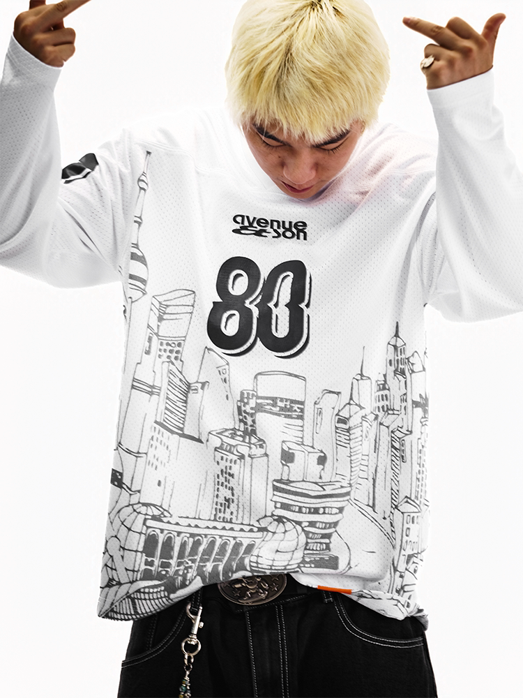 AVENUE&SON Avenue Son 2026 Black and White Two-Tone Mesh City Print Long-Sleeve Football T-Shirt