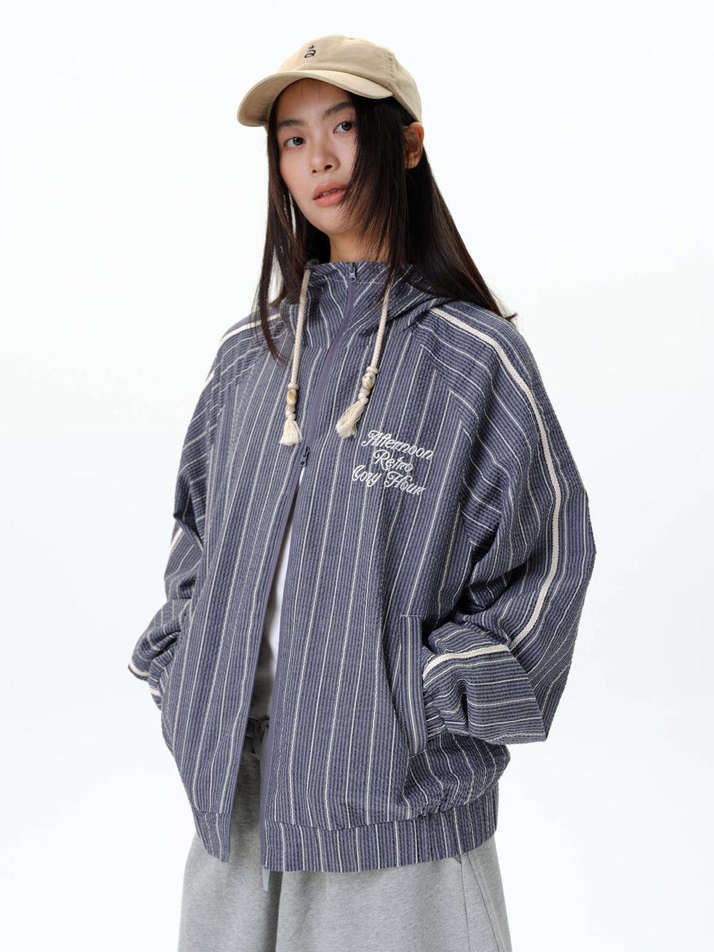 RoaringWild A Arch Striped Casual Vintage Jacket with Double Zipper Hooded Jacket for Men