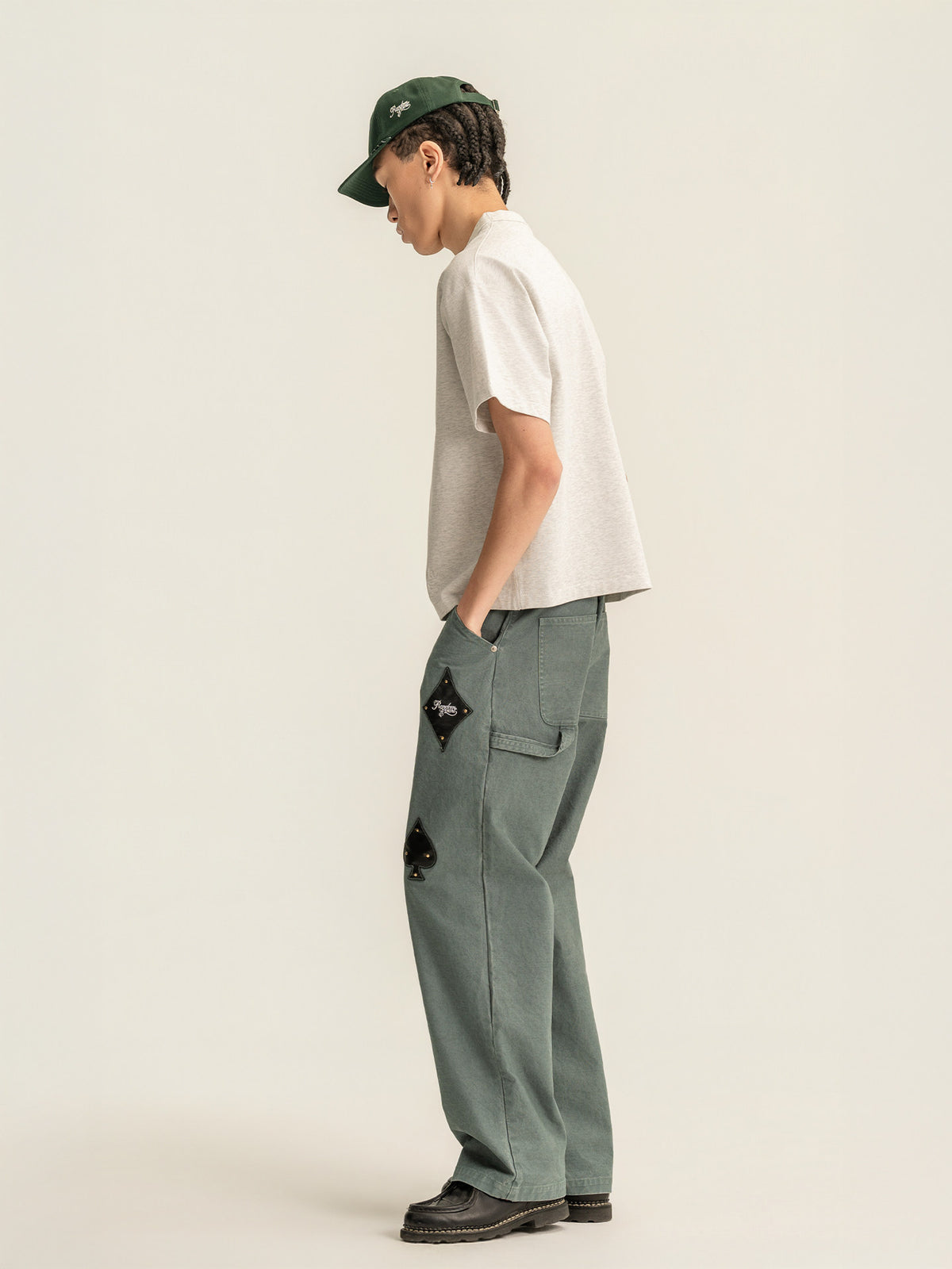 Randomevent poker cargo pants, leather tag patches, lumberjacks, washed ready-to-wear, dyed cotton, slub texture
