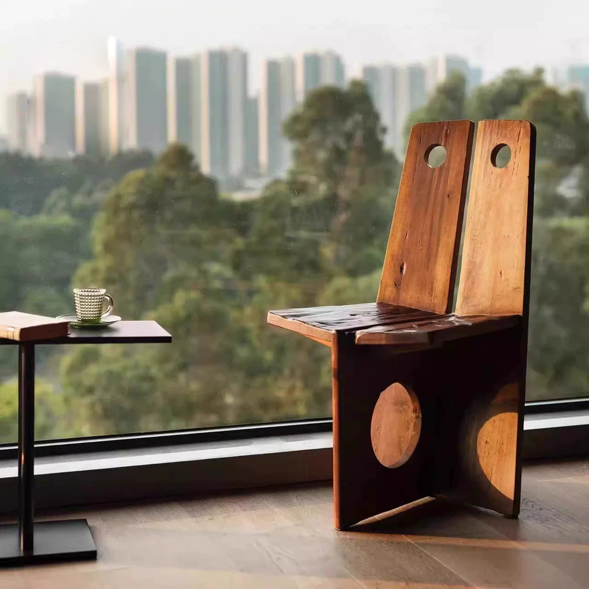 Artist round hole chair, backrest chair, solid wood wabi-sabi style dining chair, home leisure chair