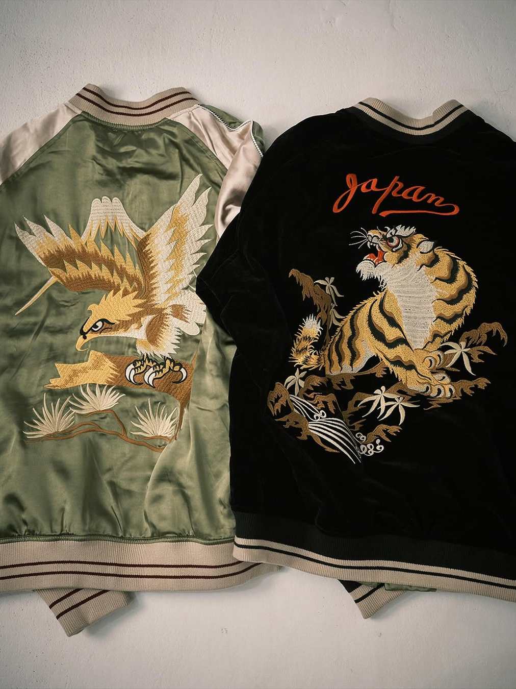 Tiger Falcon Double NonStock Green and Black Reversible Vintage Yokosuka Velvet Acetate Oriental Embroidered Jacket