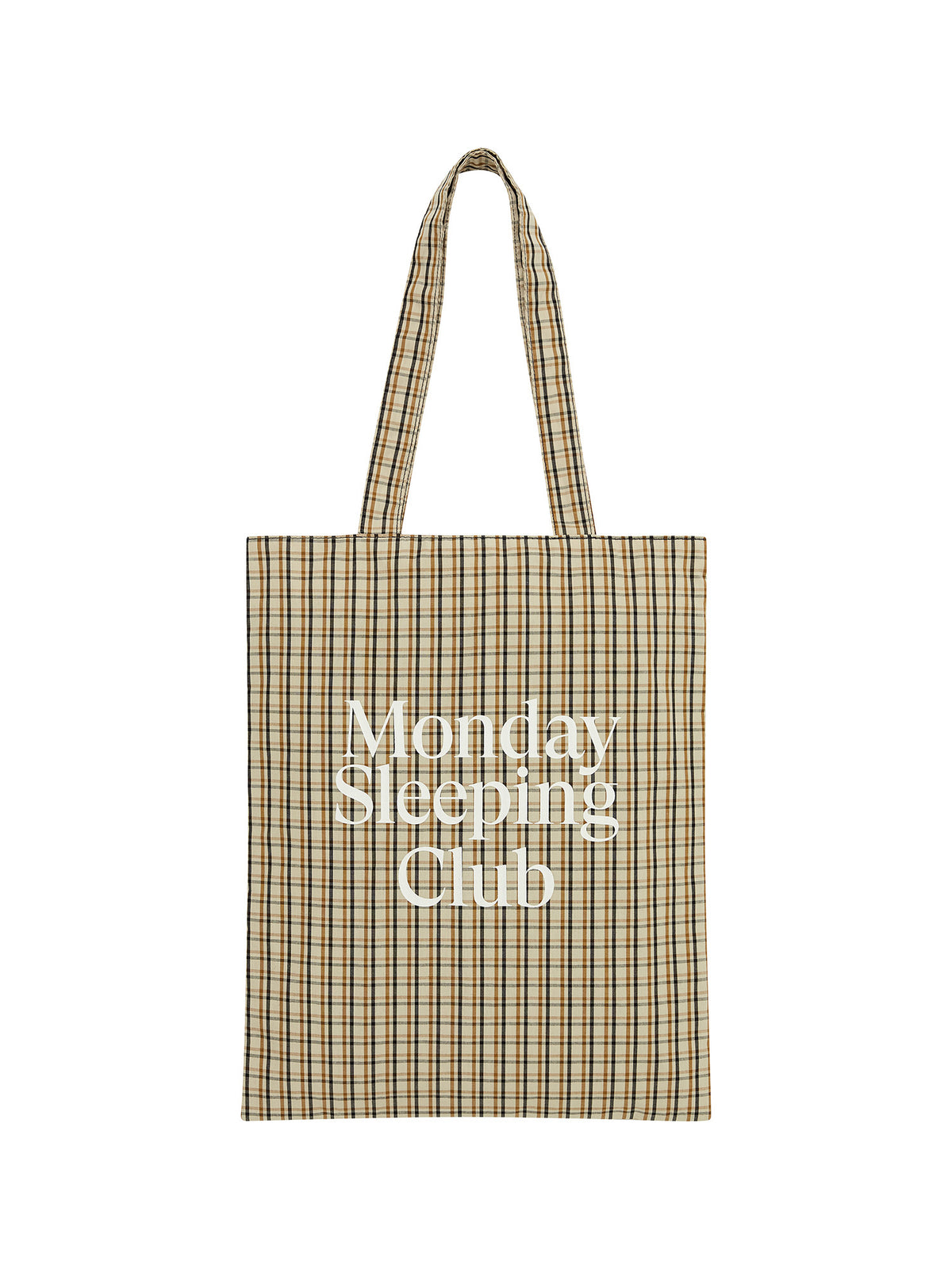 Monday Sleeping Club Standard font print vintage plaid tote bag