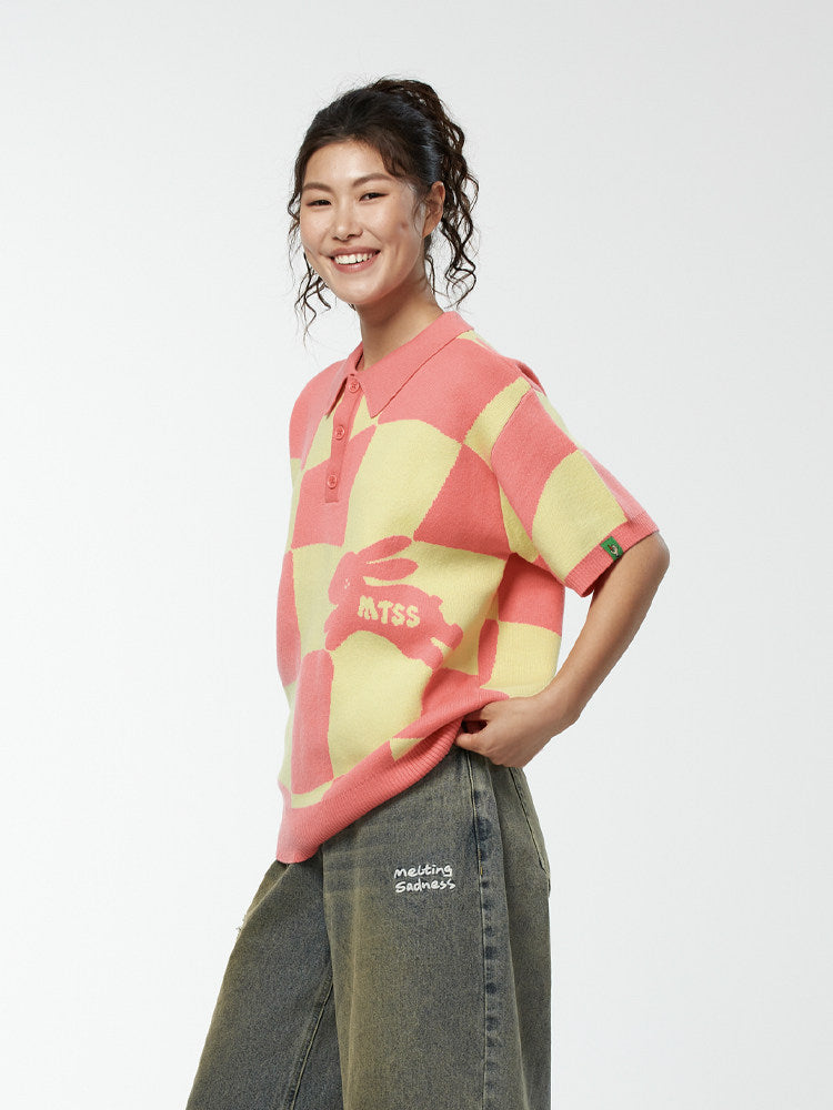 MeltingSadness spring/summer irregular plaid knit short-sleeve Polo