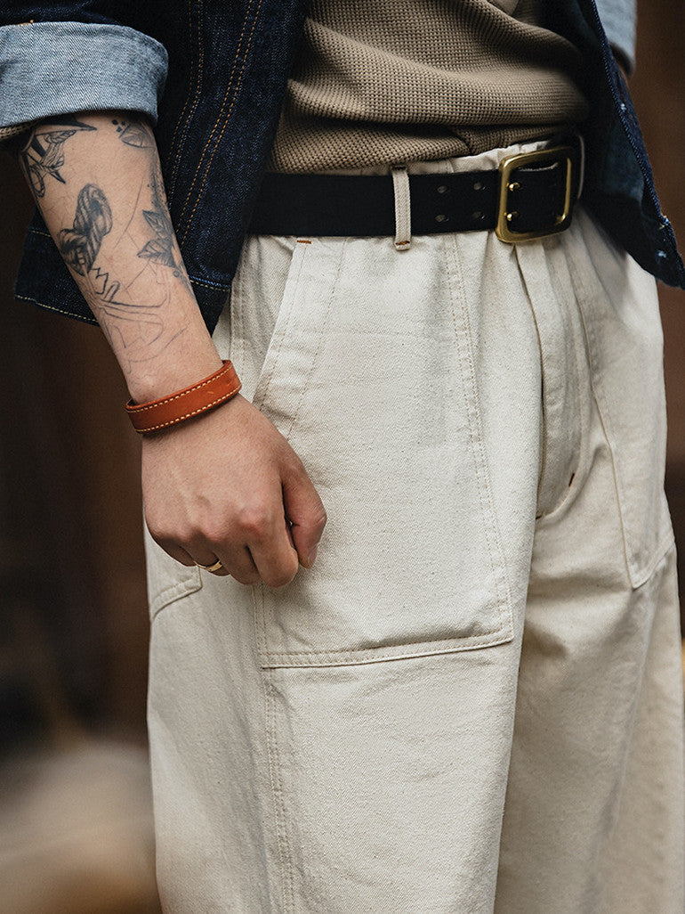 French hemp retro worker pants embryo white cottonseed shell American loose twill French Pant