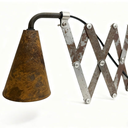 Medieval industrial style folding scissors B&B café bar atmosphere rusty old long arm corridor American wall lamp