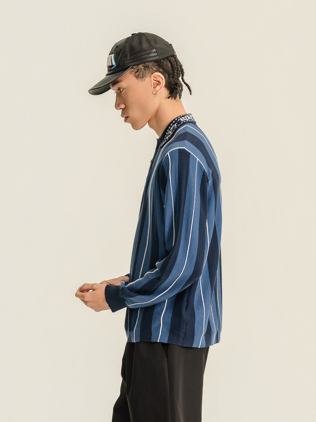 Randomevent striped knit referee POLO loose wool and cashmere blend three-dimensional stripes
