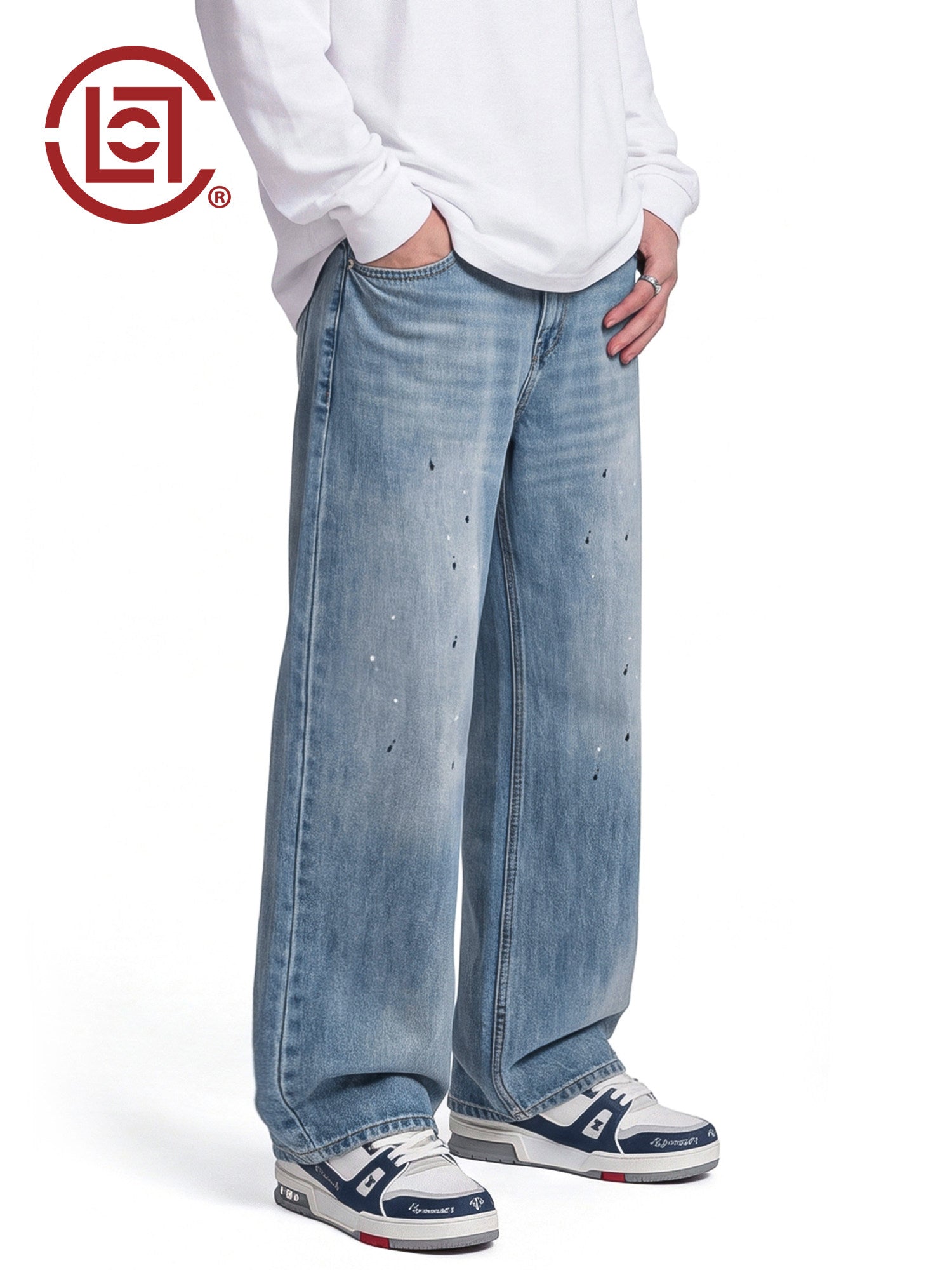 CLOTTEE by CLOT Street Ink Splash Wide-Leg Jeans for Men, New Autumn Trendy Loose Straight-Leg Long Pants K