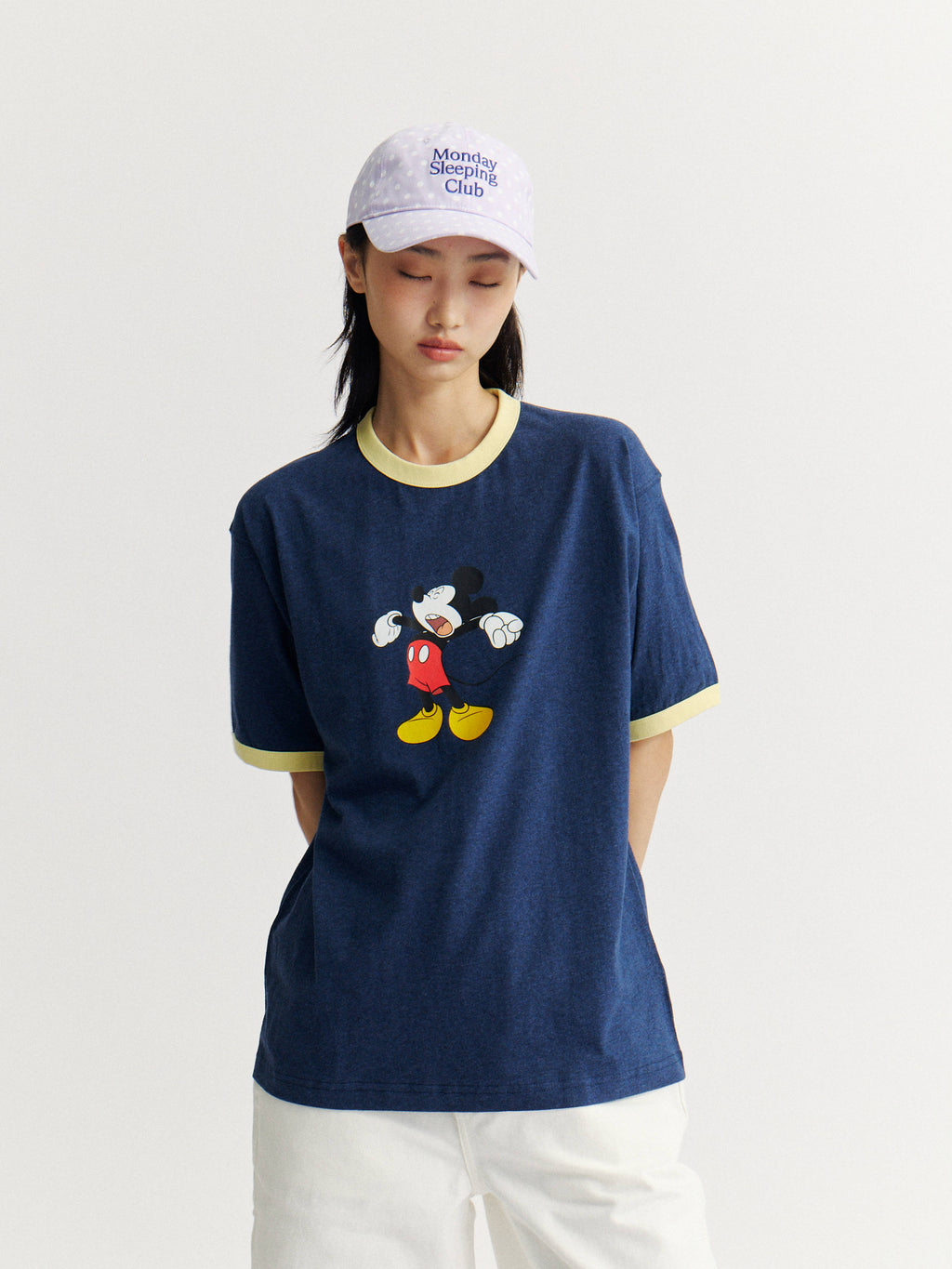 Mondaysleepingclub & DISNEY collaboration series "Lazy Mickey" color-blocked collar printed T-shirt